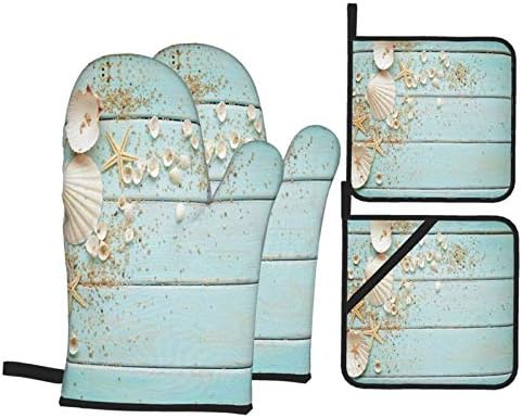4-Piece Set Oven Mitts and Potholders, Sea Shell Beach Summer Starfish Board Baking Glove and Pot Holder for Cooking BBQ