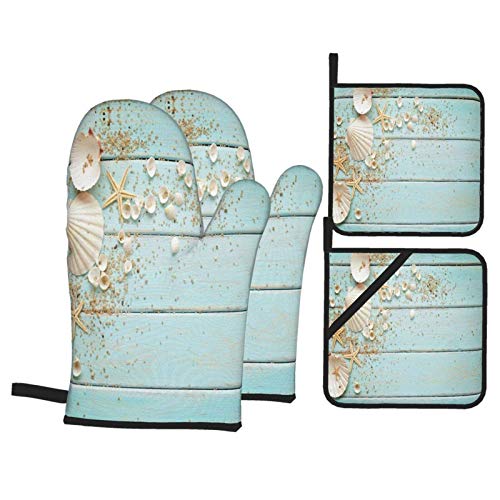 4-Piece Set Oven Mitts And Potholders, Sea Shell Beach Summer Starfish Board Baking Glove And Pot Holder For Cooking Bbq #TOP17