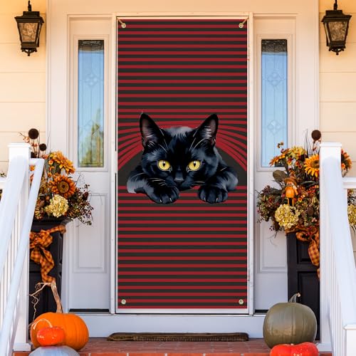 MKIJUHB Black Cat Door Cover Decoration 35 * 79 in, Cat Mom Lady Lovers Gifts, Red Striped Black Kitty Door Curtains Banners Backdrop Background Doorway Decor for Indoor Outdoor Party Decorations