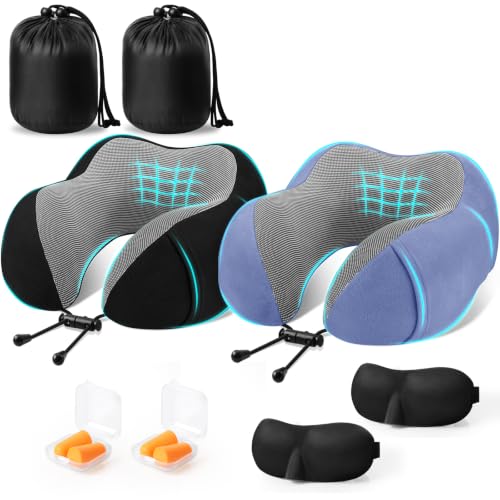 Image of CloudBliss Travel Pillows for Airplane, 2 Pack Memory Foam Neck Pillow for Travel, Airplane Pillow for Long Flight, Car & Office Use, Plane Accessories with Eye Mask, Earplugs, Carry Bag, Black & Blue