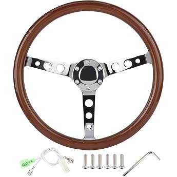 15 Inch Wooden Steering Wheel Universal 380 mm 6 Hole Professional Car Modification Accessories Steering Wheel Mahogany Vintage Steering Wheel with Horn Button Brown for Vintage Cars Boats or