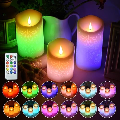 ACROSS Flashing flameless Candles, Set of 3 Real Wax Color Changing led Pillar Candles Battery Powered Realistic Dancing Flame Fake Candles with 18 Key Remote Control