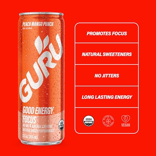 Image of GURU Energy Drink, Peach Mango Punch Organic Sparkling Energy Drink with Real Fruit Juice + L Theanine, 140 MG Natural Caffeine for Workouts, Performance & Midday Boost, Plant Based, Gluten Free, 12 Fl Oz, 24 Pack