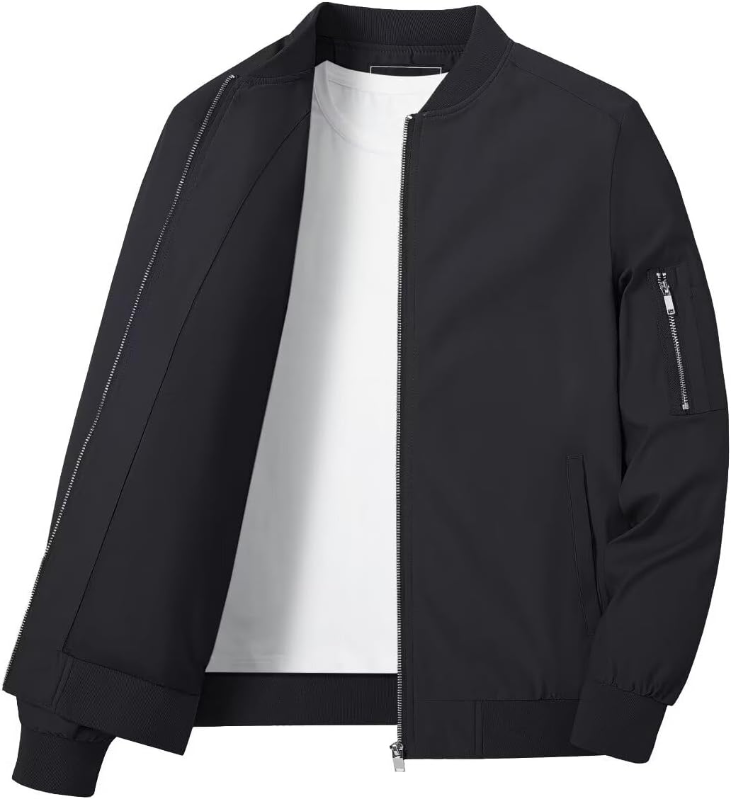 KEFITEVD Men's Lightweight Thin Bomber Jacket with Sleeve Pocket, Blouson Jacket, Transition Jacket, Stand-Up Collar, US Aviator Jacket with Inner Pocket