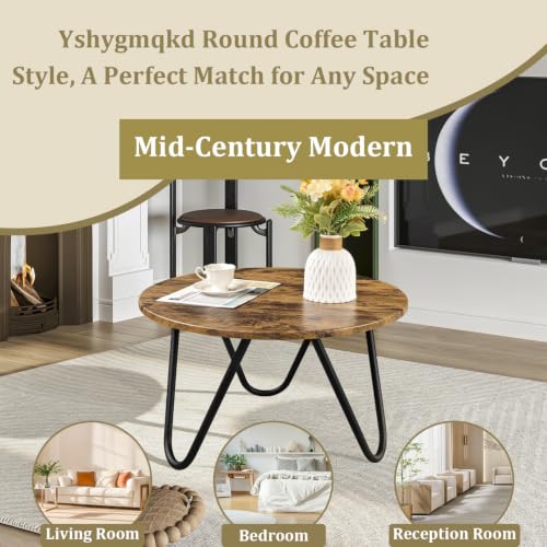 Image of Round Coffee Table Wooden Coffee Tables for Living Room Mid-Century Modern Center Table Wood Grain Desktop and Metal Legs Easy to Assemble Dark Brown