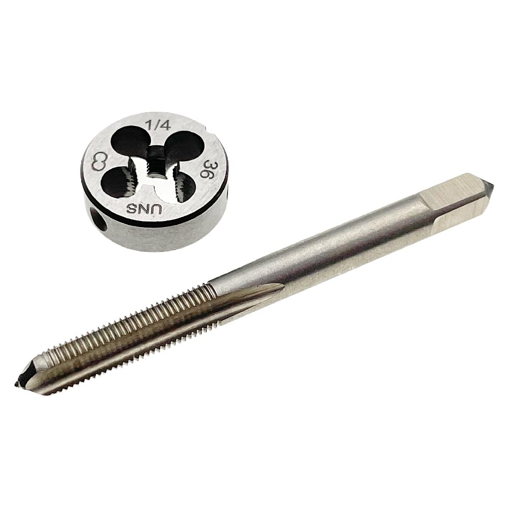 Set di maschi e filiere 1/4-36 RH Filiera per maschiatura filettata 1/4x36 destra, utensile per maschiatura filettata e filiera tonda 1/4 x 36 con impugnatura per macchina Filiera per maschiatura 1/