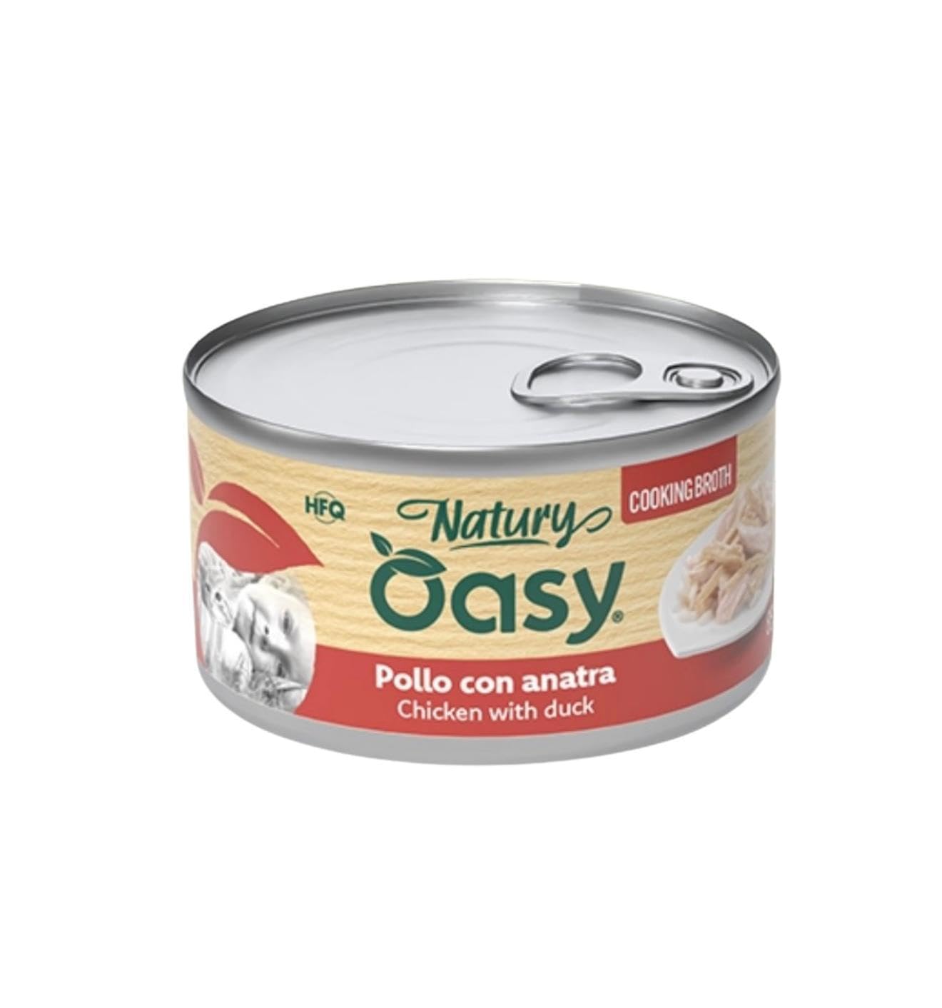 Oasy Húmedo Gato Natury Cooking Broth Sabor Pollo con Pato, suaves filos naturales en caldo de cocción para gatos adultos de todos los tamaños y razas | 12 latas de 85 gramos cada una.