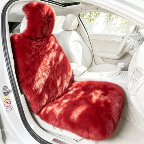 Image of Red Fluffy Sheepskin Car Seat Cover for Soft Natural Wool Cushion Pad