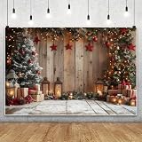 MIRRORANG 3x2.5m Mur en Bois Rustique, Toile de Fond hivernale, Sapin enneigé, Feuilles, Pommes de pin, Lampe, décoration pour Photographie, fêtes de Fin d'année, Fournitures de Noël