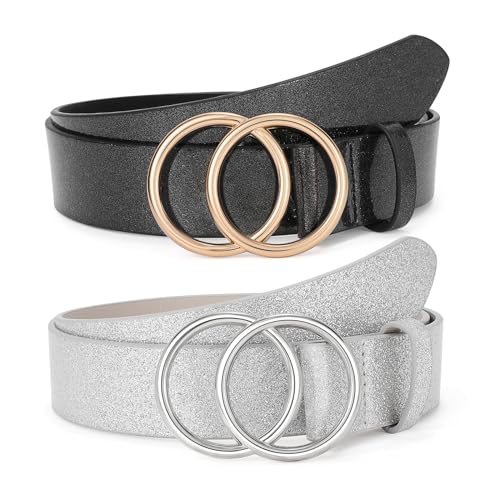 SUOSDEY Women Leather Belt Fashion Double O-Ring Soft Faux Leather