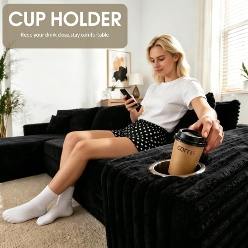 Image of Cloud Sectional Boneless Couches for Living Room,Modular Sectional Sofa with 2 Cup Holders,Memory Foam Cloud Couch with L Shaped Oversized Chaise,No Assembly Needed Plush Corduroy Sofa,Black