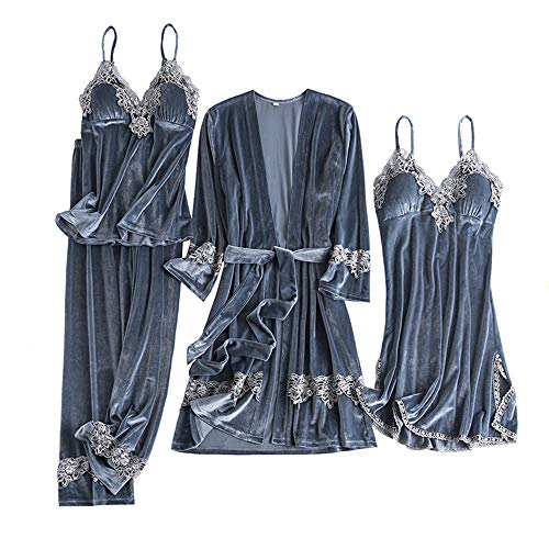 LIKUGD Women Pajamas Set 4 Pcs Warm Velour Lace Trim Sleepwear with Robe Sexy Soft Pj Set Sleepwear Nightwear Set Homewear Suits,Gray,XL