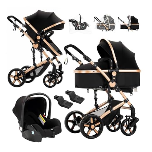 Reenborn Poussette 3 en 1, Poussette Bebe avec Réversible Deux Façons de Pousser, Pousette avec Cadre Aluminium Haute Paysage, Pousette 3 en 1 avec Conception Pliable en Un Clic (588 Black Gold)