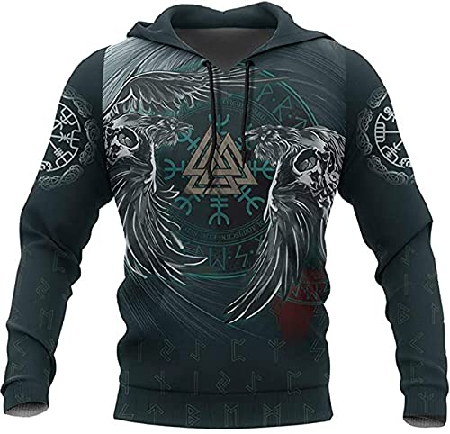 Viking Tattoo 3D Hoodie, Norse Viking Mythology Valknut Skull Short Sleeve, Casual Long Sleeve Pullover Sweatshirt,Hoodie-L