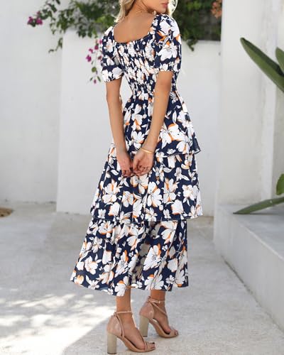 Image of BTFBM Womens Floral Smocked Summer Maxi Dresses | Square Neck Puff Short Sleeve Ruffle Tiered, 2026 Trendy Casual Sundress, Cruise Holiday Beach Vacation Wedding Guest Dress