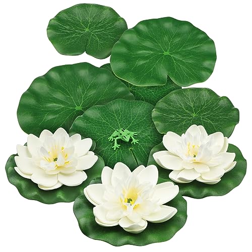 PietyPet 10pcs Artificial Floating Foam Lotus Flowers with Artificial Frog Lotus Leaves Lily Pads for Lake Pond Plants Ornaments for Pool Aquarium Water Decoration White