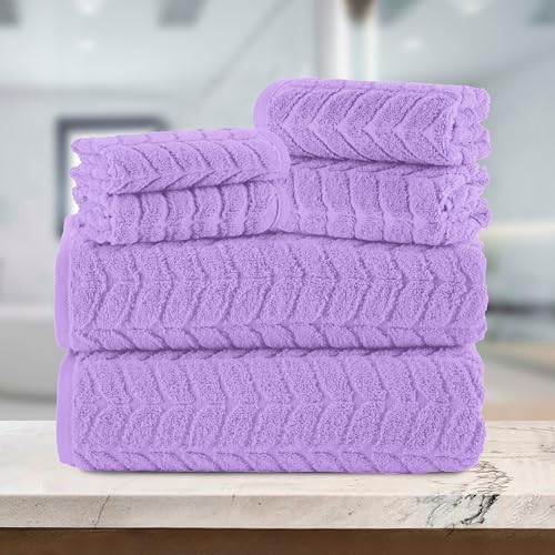 Image of Elegant Comfort Luxury 6-Piece 100% Turkish Cotton Jacquard Braided Textured Premium Hotel Quality Towel Set- Soft and Absorbent, Includes 2 Bath Towels, 2 Hand Towels and 2 Washcloths, Lilac