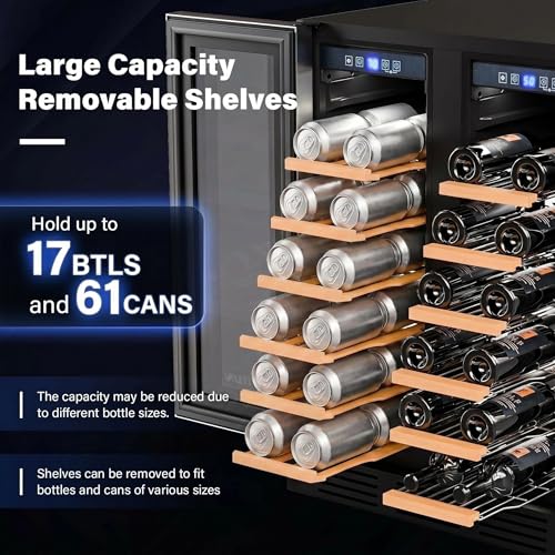 Image of ROVSUN 17 Bottles & 61 Cans Wine and Beverage Refrigerator, Dual Zone Wine Cooler with 37-64F Temp Control & LED Light, Built-in /Freestanding /Under Counter Wine Fridge for Red Wine, Champagne, Beer