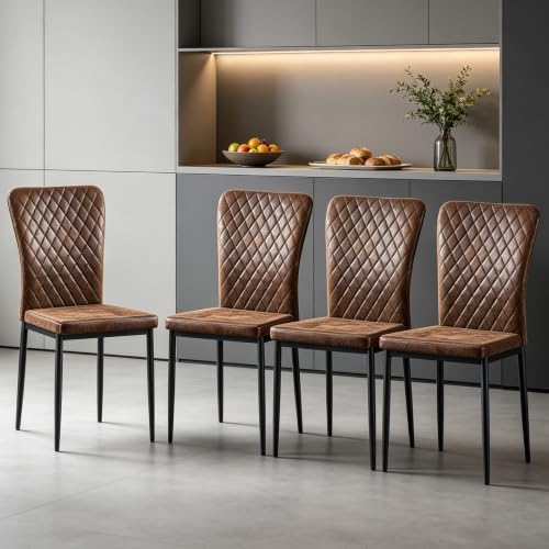 Image of ZOONFA Set of 4 Brown Suede Dining Chairs with Metal Legs Upholstered
