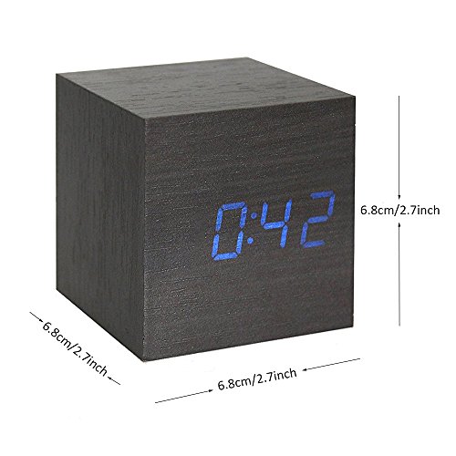 Onerbuy Wooden Digital Cube Alarm Clock Touch Sound Activated Desk Clock Portable Travel Clock With Lcd Display For Time, Temperature, Calendar, 3 Alarm Settings (Black) #TOP3