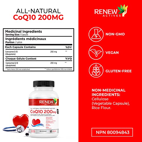 Renew Actives Coq10 Ubiquinone Supplement: 200Mg Coenzymeq10 Supplements For Cardiovascular,Neurological, And Immune System Health Support - High Potency Oxidized Coq10 Pills - 60 Veggie Capsules #TOP2