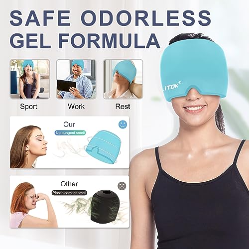 Image of EXQUISLIFE Migraine Headache Relief Cap, Gel Ice Head Wrap, Hot and Cold Therapy, Headache Eyes Mask for Sinus, Puffy Eyes, Tension and Stress Relief (Blue)