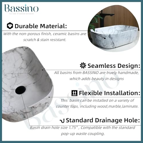 Image of BASSINO 18x13x5.5 Inches Ceramic Wash Basin /1 Year Warranty /Table Top Washbasin /Wash Basin Counter Top /Ceramic Sink Wash Basin /Ceramic Basin For Bathroom /Dining Hall /Living Room(Glossy Finish)