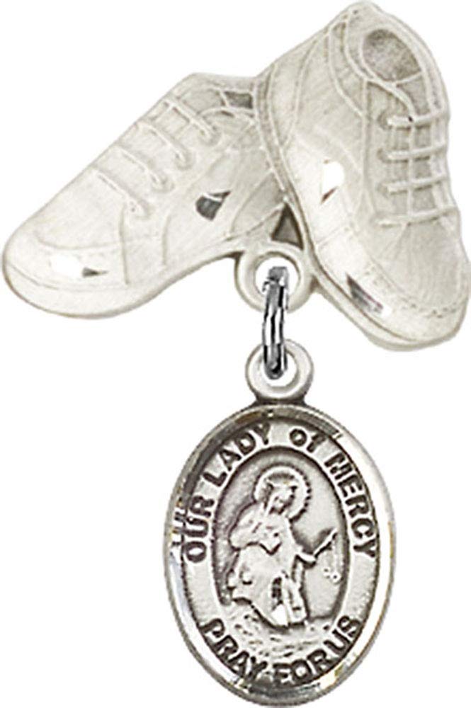 Jewels Obsession Baby Badge with Our Lady of Mercy Charm and Baby Boots Pin | Sterling Silver Baby Badge with Our Lady of Mercy Charm and Baby Boots Pin - Made In USA