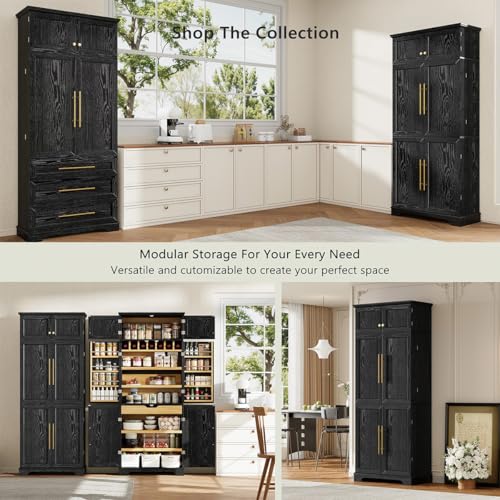Image of 78.2 inch Tall Farmhouse Kitchen Pantry Cabinet with 8 Door Shelves & 4 Adjustable Shelves, Modern Storage Cabinet with Hidden Drawer & Wine Rack, Versatile Storage Cupboard for Kitchen (Black)