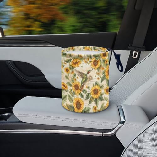 Image of Hummingbird Sunflower Car Trash Can Portable Dustbin Bin Waste Basket Car Accessories Interior for Front Seat, Back Seat, Floor, Headrest