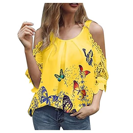 Butterfly Shirts for Women 3/4 Sleeve Off Shoulder Lace Tops Crew Neck Casual Floral Hollow Out Blouse Tees
