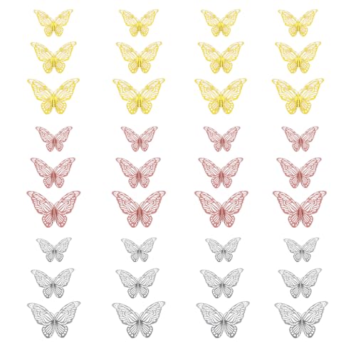 36 PCS Mariposas Decorativas, Pegatinas Pared Decorativas, de mariposas 3D decorativos decorativos adhesivos extraíbles brillantes, 12 de cada uno en oro, plata y oro rosa