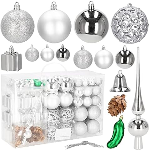SPRINGOS Weihnachtsbaumkugeln 100 Stück inkl. Spitze Kunststoff Verschiedene Formen Silberfarben Weihnachtsschmuck Weihnachten Tannenbaum Cover