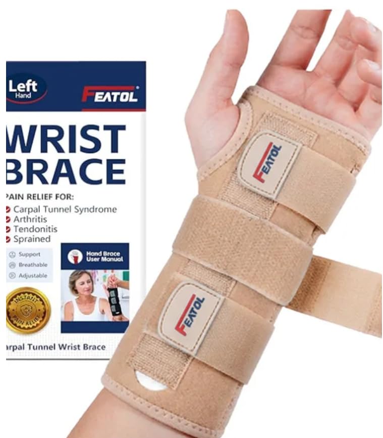 Image of FEATOL Carpal Tunnel Wrist Brace 2 Pack, Splint Night Support Women Men