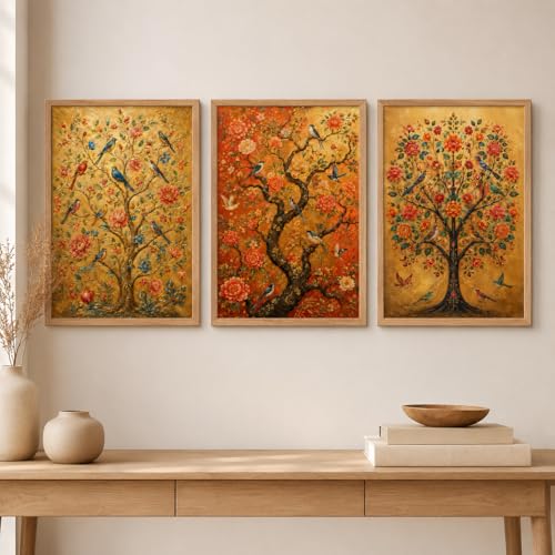 Image of Artify Set of 3 Floral Tree Birds Wall Painting for Living Room Bedroom Study Office Decor, Premium Wooden Synthetic Frame Luxury Artwork Gift