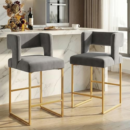 Image of Counter Height Bar Stools Set of 2, Grey Velvet Bar Chair Gold Leg | 26 inch Seat Height Fits Standard Kitchen Islands, Upholstered Barstools, Back Support, Square Metal Legs, Footrest