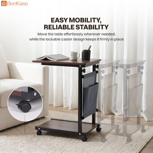 Image of BonKaso Height Adjustable Side Table with Wheels, Rolling Sofa Bedside Laptop Table, Wooden Top, Storage Pocket, Lower Shelf, Lockable Castors, Mild Steel Frame for Tea Work Reading Meals - Walnut