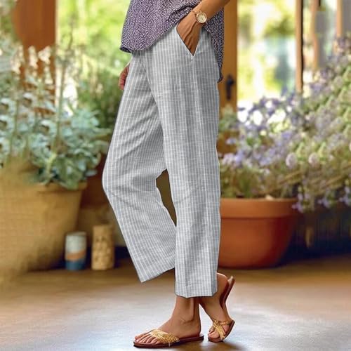 Side Stripe Linen Pants for Women Summer Beach Vacation Casual Clothes Lightweigt Straight Leg Trousers with Pockets2