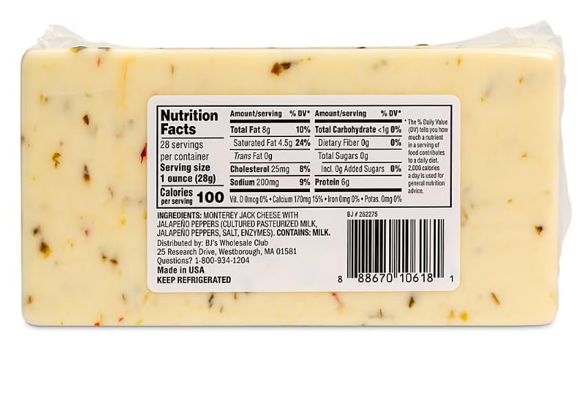 Monterey Jack cheese block is studded with fiery bits of hot pepper and jalapeno that add just the right amount of bite to your burritos. Spice things up into tacos, enchiladas, or grated onto a salad. Add some sizzle to your Sunday brunch omelet with just a whisper of peppery, cheesy goodness. [ 28 oz , 1.75 lb ]