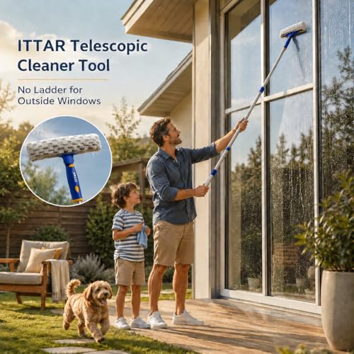 Image of ITTAR Window Squeegee with 2 Sets Separate Pole, 12 inch Rubber Squeegee and 11 inch Microfiber Pads, 60 inch-73.6 inch Telescopic Window Cleaning Kit with Rotating Head for High Windows, Shower Glass, Car Windshield