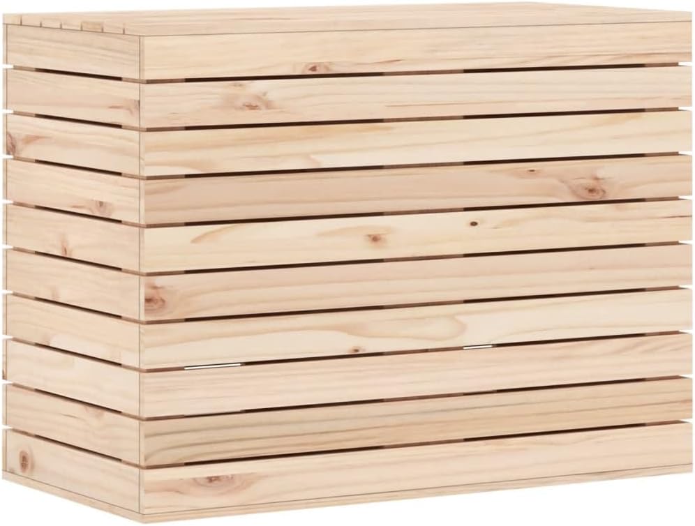 Fully assembled vidaXL solid pine wood laundry hamper with lid.