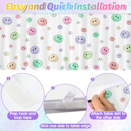 Image of 14FT Ruffle Smiley Face Table Skirt Pastel Teacher Desk Skirt for Classroom Decor Rectangle Table Cloth for Back to School Decorations Colorful Birthday Party Supplies Office Dorm Bookcase Cabinet