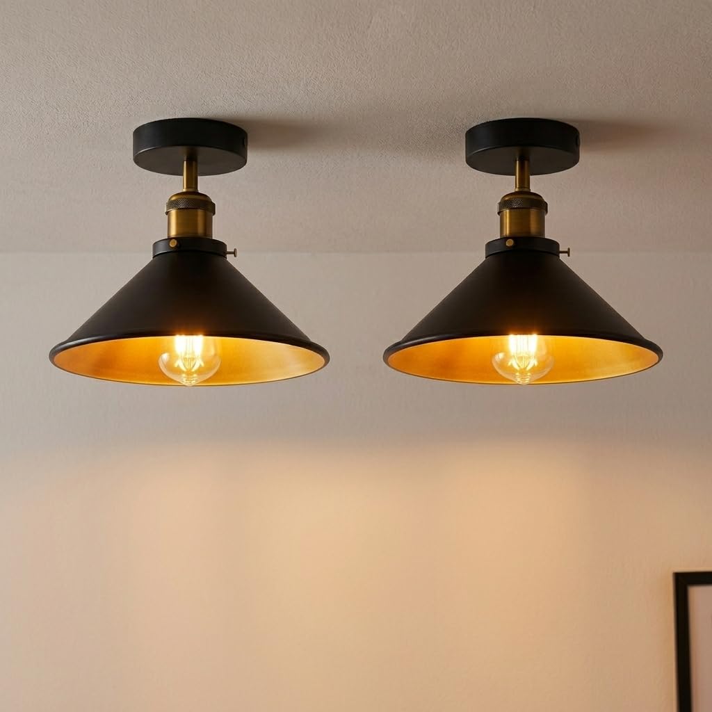 LEDSone 2 Pack Ceiling Lights Semi Flush Mount Metal E27 Black Inner Gold Cone Shade โ image 1