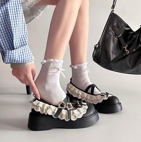 Women Lolita Shoes Heel Mary Jane Lace Pumps with Bow Kawaii Cute Cosplay Wedge Boots Cross Strap Block Heel Sweet Uniform Dress for Prom College Vintage Party Casual2