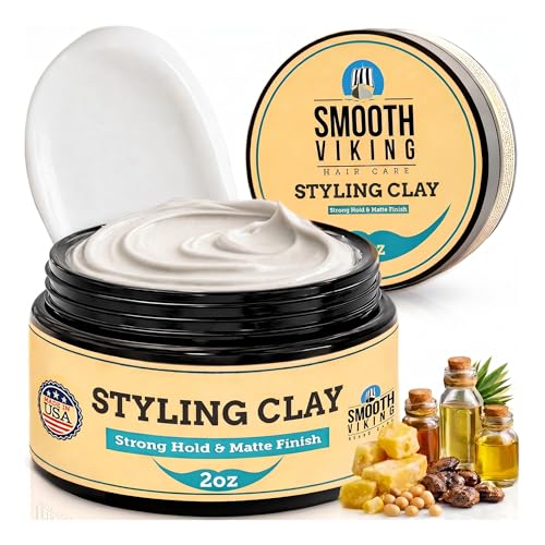 Smooth Viking Hair Clay for Men - Strong Hold Clay Pomade, Matte Finish, Oil-Free, Made in USA, All Hair Types, Natural Scent, Easy Wash Out, Thickening, Nourishing, 2oz