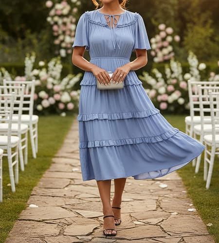 Image of Women's Short Sleeve Summer Boho Pleated Rayon Mid Dresses with Pockets for Wedding Guest