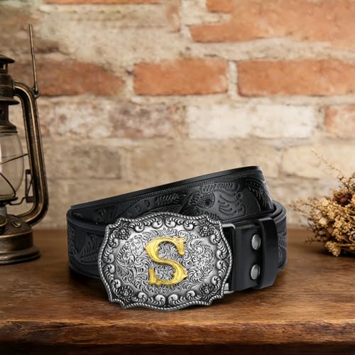 Image of Mens Western Cowboy Cowgirl Faux Leather Belt Longhorn Bull Pattern Letter Big Buckle Embossed Floral Belts