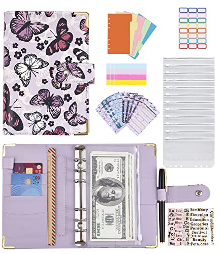 Tallgoo Carpeta de Cuaderno 6 Anillas,bolsas de carpeta A6,Archivador 6 anillas con 12 bolsas Transparente con Cremallera para Guardar Tarjetas Fotos Factura Cover