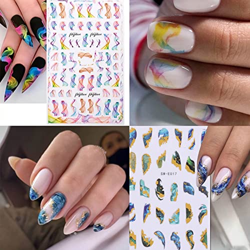 Yosomk 12 Sheets Nail Art Stickers Decals Gold Stripe Line Nail Decals 3D Self-Adhesive Nail Art Supplies Colorful Marble Wave Nail Accessories For Women Manicure Nail Decorations Design. #TOP3