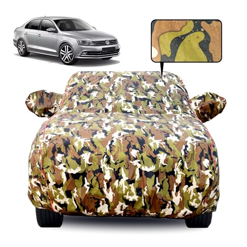 Image of Waterproof Car Body Cover for Volkswagen Jetta with Mirror Pocket, Soft Cotton Lining, Triple Stitched, Full Bottom Elastic (Heat Resistant Jungle Print with Red Piping)